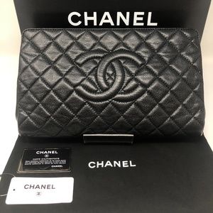 CHANEL Timeless Black Caviar CC Logo Clutch Bag